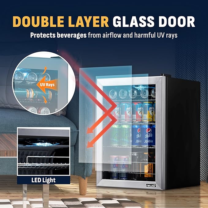 NewAir 90 Can Beverage Refrigerator | 17” Freestanding Small Mini Fridge for Bedroom, Home Bar or Office | Quiet Compressor Cooling & Adjustable Shelves | Stainless Steel