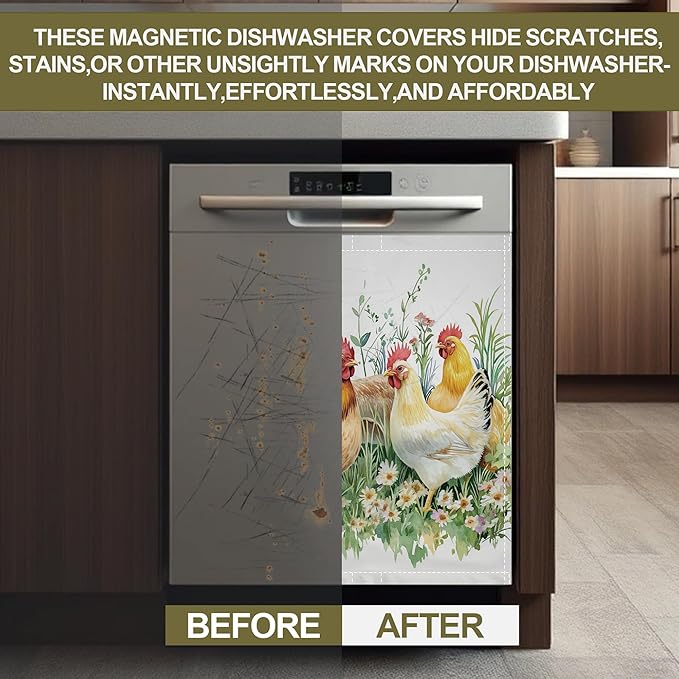 Magnetic Dishwasher Cover,Chicken Rooster Grass Reusable Dishwasher Magnetic Cover Decorative Door Covers Panel for Home Kitcen 23" x 26"