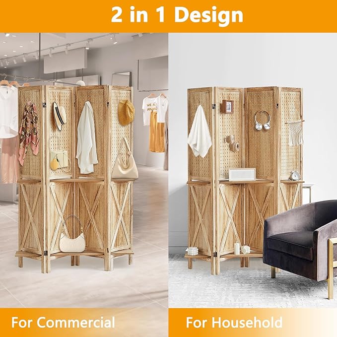 4 Panel Pegboard Display with 16 Hooks, Wooden Pegboard Room Divider Wall with Shelf, Partition Room Dividers and Folding Privacy Screens, Bedroom, Jewelry Store, Natural
