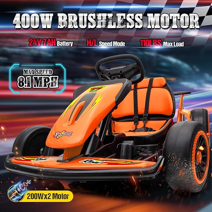24V Electric Go Kart for Kids, Drift Kart with 400W Motors, EVA Tires, Max Speed 8.1 MPH, Music, Wireless, Electric Drifting Cart Outdoor Ride on Toy for Kids Ages 6+ (Orange)