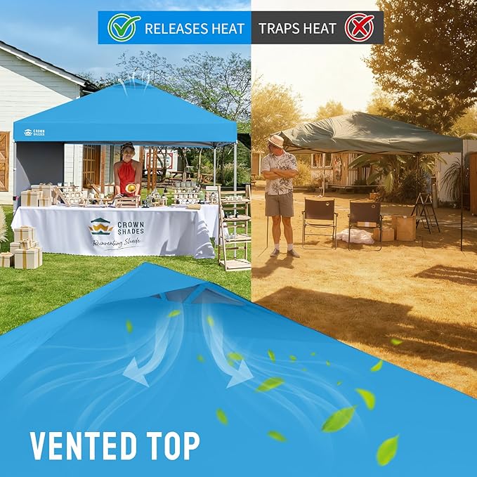 CROWN SHADES 10x10 Pop Up Canopy with 1 Side Wall - Beach Tent with One Push Setup - Outdoor Sun Shade for Events, Parties, Camping - Gazebo with STO-N-Go Cover Bag (Sky Blue)