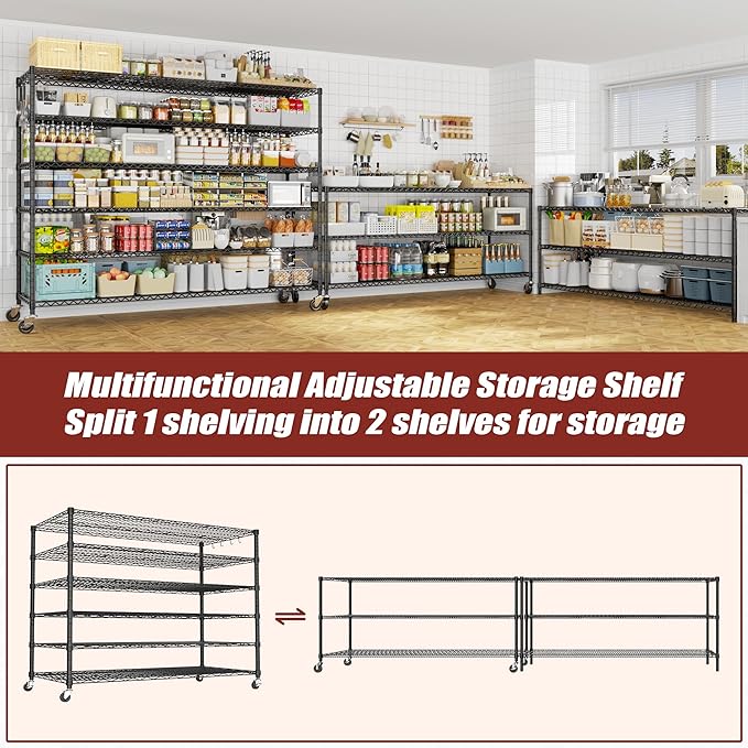 PrimeZone 6 Tier 80.7"H x 55.5"W x 24"D Wire Shelving with Wheels 3600lbs NSF Certified Storage Shelves Heavy Duty Metal Shelf Adjustable Rolling Rack Commercial Garage Restaurant Warehouse Kitchen