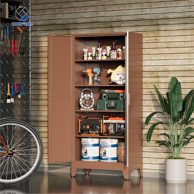 COFaR 71'' Tall Metal Pantry Cabinet, Kitchen Storage Cabinet with Doors and Shelves, Freestanding Farmhouse Food Cupboard for Kitchen Dinning Room Garage, Brown 5-Tier