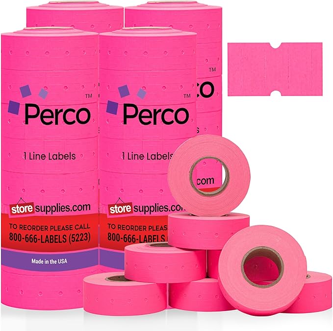 Perco 1 Line Fluorescent Pink Labels - 32 Rolls, 4 Sleeves, 32,000 Blank Price and Date Gun Labels for Perco Lite, X, Plus and Pro 1 Line Price and Date Guns - Made in USA
