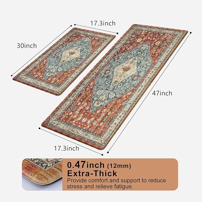 Collive Boho Kitchen Mats 2PCS, Cushioned Kitchen Mat for Floor Anti Fatigue Waterproof Kitchens Rugs Set of 2, Non Skid Comfort Standing Rug for Office, Sink, Laundry, 17"x30"+17"x47"