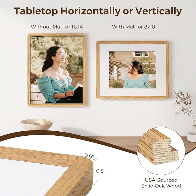 11x14 Picture Frame, Solid Oak Wood Frame 11 x 14 for Wall, Rustic Wooden Frames 11 by 14 with Tempered Glass, 11x14 Frame with Mat for 8x10, Home Decor Photo Frames 11"x14", Natural Oak Color, 1 Pack