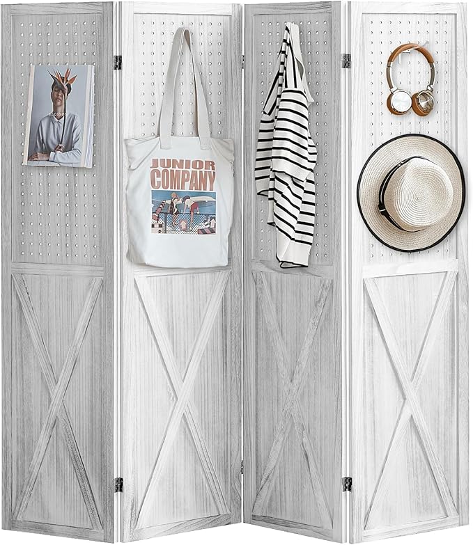 4 Panel Pegboard Wood Room Divider, 5.6Ft Pegboard Display Folding Privacy Screens, Peg Board Display Freestanding for Trade Show Craft Show Home Wall Organizer, Retro White