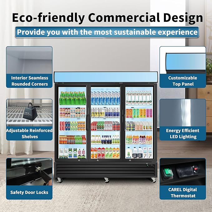 mikibama Glass Door Commercial Refrigerators, 70 Cu.ft Reach-In Display Refrigerator with LED Top Panel Upright Beverage Storage (Refrigerator-3 door)