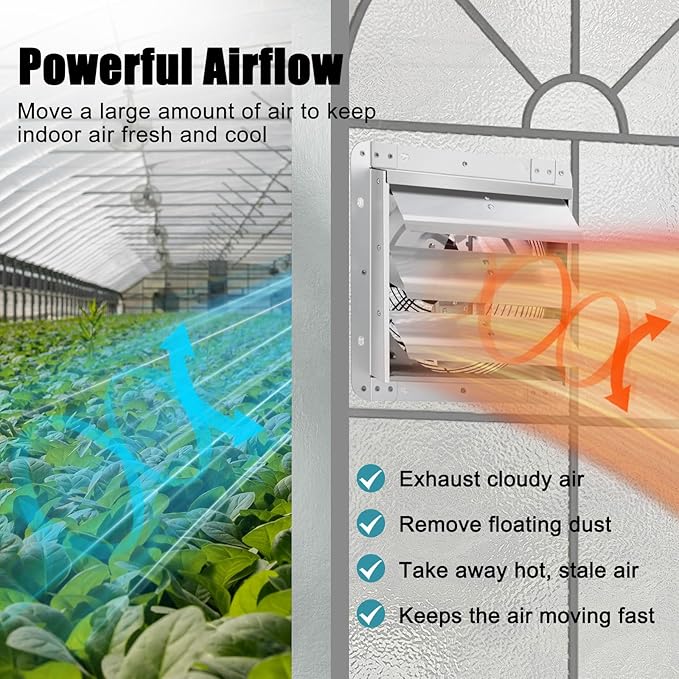 Criditpid 10 Inch Shutter Exhaust Fan, 820 CFM Attic Fan, Wall Mounted Vent Fan with Speed Controller and Thermostat for Greenhouse, Garage, Warehouse, Shed, Basement, Chicken Coop Ventilation.