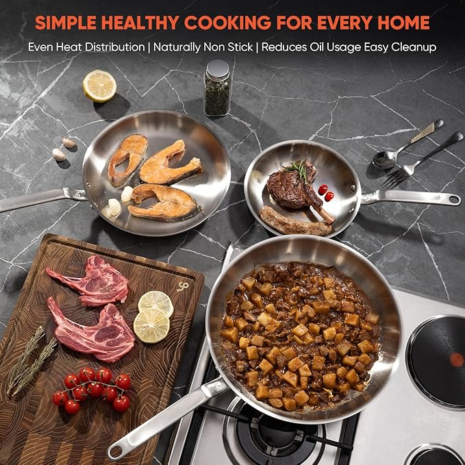 8 Inch Mini Stainless Steel Frying Pan - 5 Ply Stainless Clad Skillet with Aluminum Core, Durable and Even Heating, Professional Cookware for Induction, All Stoves, Oven and Dishwasher Safe