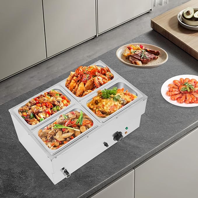 4 Pan Commercial Food Warmer,110V Electric Stainless Steel Steam Food Warmer with Lid,Electric Bain Marie Countertop with Temperature Control for Catering,Restaurant,Party (Small 4-Pan)