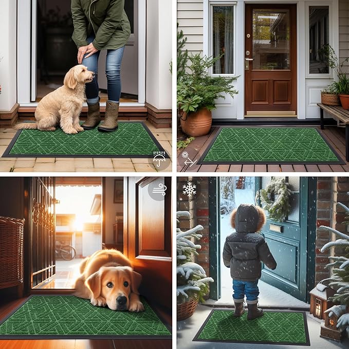 Smiry Front Door Mat Outside Entrance, Heavy Duty Sturdy Natural Rubber Doormat, Trap Dirt and Moisture, Easy Clean Low Profile Mats for Indoor Outdoor Entry, Grid Geometric (47x32, Green)