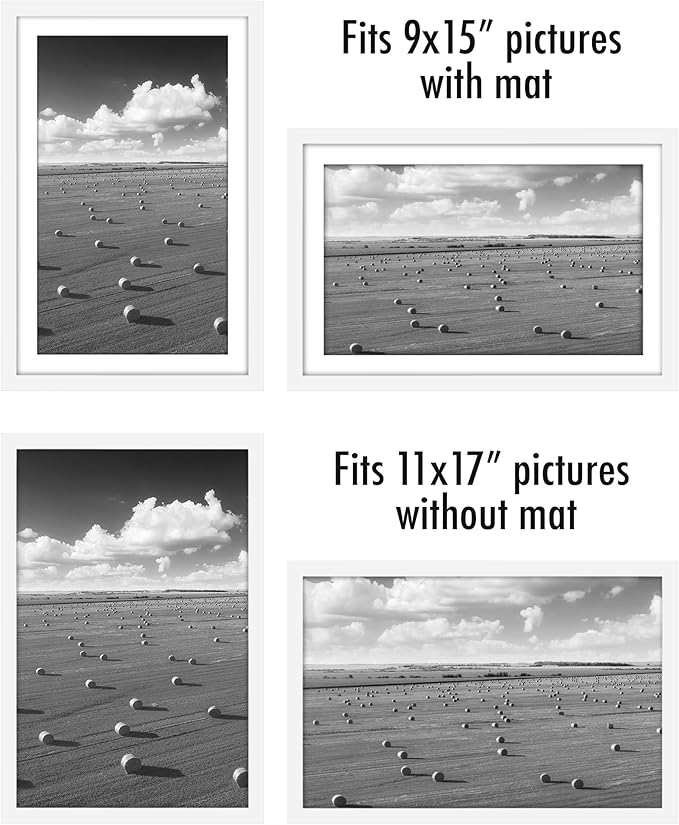 Americanflat 11x17 Picture Frame with Polished Plexiglass - Set of 5 - Use as 9x15 Frame with Mat or Display 11x17 Photo Without Mat - Galleria Collection - Picture Frames for Wall Display - White