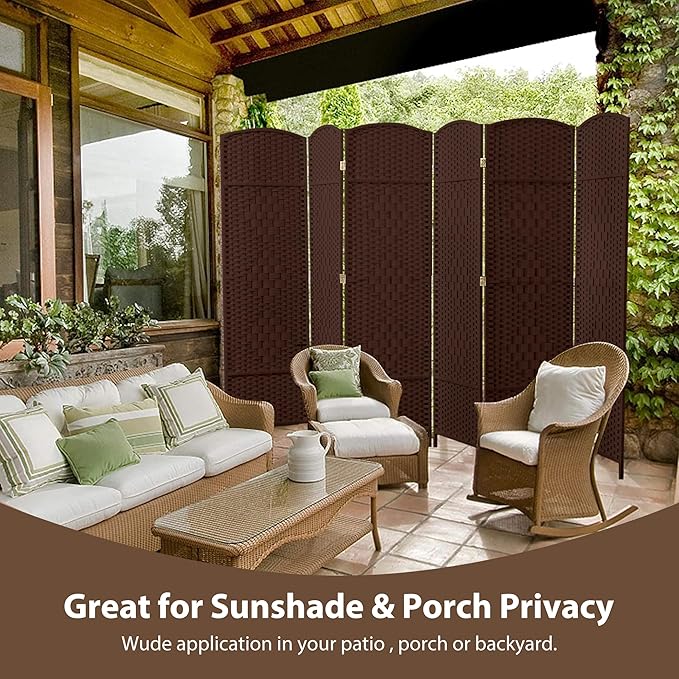 Duraspace 6 Panels Room Divider 6 FT Tall Weave Fiber Freestanding Double Hinged Extra Wide Folding Screen for Patio Privacy (Brown)