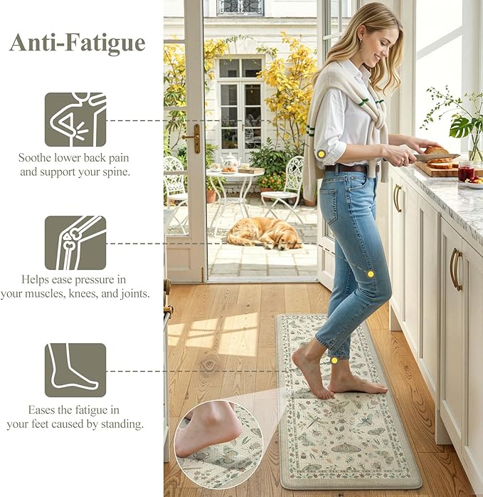 LEEVAN Anti Fatigue Mats for Kitchen Floor Non-Slip, Cushioned Kitchen Mats for Floor 20''x31''+20''x47'', Tan Memory Foam Kitchen Mat Sets
