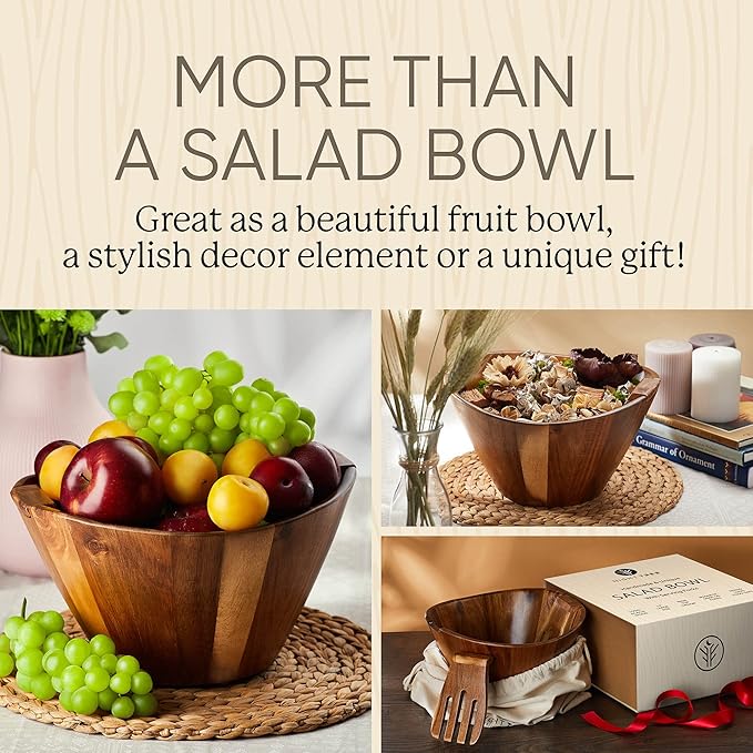Night Tree Large wooden salad bowl with serving forks mixing, wood salad bowl set for food or fruits, magnetic utensils fit for 6–8 servings, ideal to family meals or as a unique gift