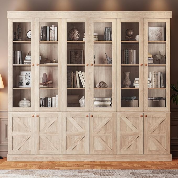 Vyre 71" Tall Farmhouse Kitchen Pantry, Set of 3 Large Storage Cabinets with Glass Doors & Adjustable Shelves, Versatile Wood Hutch for Living Room & Dining Room, Brown