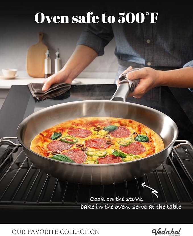 Stainless Steel Frying Pan 12 Inch with Lid, Fully Clad Tri-Ply Stainless Steel Skillet for Even Heating, Brushed Finish, Dishwasher & Oven Safe, Induction & All Stovetops Compatible