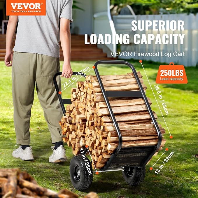 VEVOR Firewood Cart, 250 lbs Capacity, Black Heavy Duty Steel Dolly Hauler with PU Wheels & Waterproof Cover, Outdoor and Indoor Wood Rack Storage Mover, Firewood Carrier for Fireplace, Fire Pit