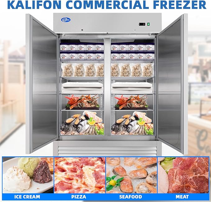 54"W 2 Door Commercial Freezer, 49 Cu.ft Stainless Steel Reach-in Upright Fan Cooling Freezer for Restaurant Bar Shop, etc