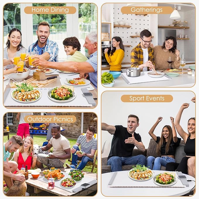 Food Warming Mat - 5 Temperature Settings, 4-Hour Timer, Child Lock, Flexible Silicone, Easy Clean, Multi-Use, Perfect for Home, Parties, and Picnics