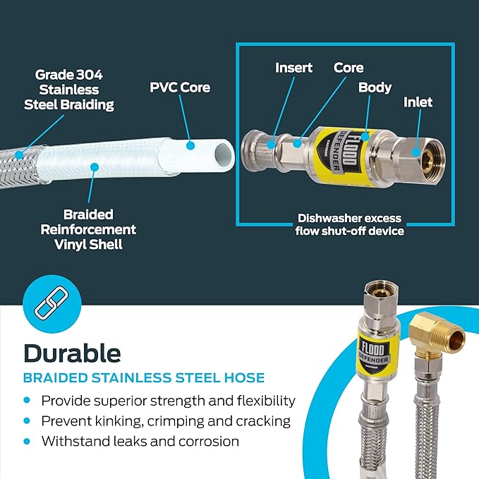 Eastman Flood Defender Dishwasher Installation Kit, 6 Foot Supply Line with Adapters, Auto Shutoff Valve, 3/8 Inch MIP x 3/4 Inch FHT Elbows, 98556