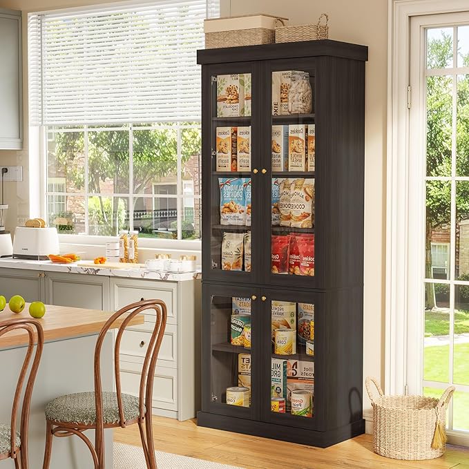 70.8" Bookshelf with Glass Doors, Farmhouse Modular Bookcase with 6-Tier Adjustable Shelves, Large Storage Cabinet for Living Room & Home Office, Set of 4, Black