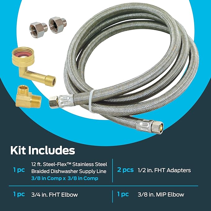 Eastman Dishwasher Installation Kit, 12 Ft Braided Stainless Steel Supply Line with Adapters, 3/8 Inch Compression Ends, 69008