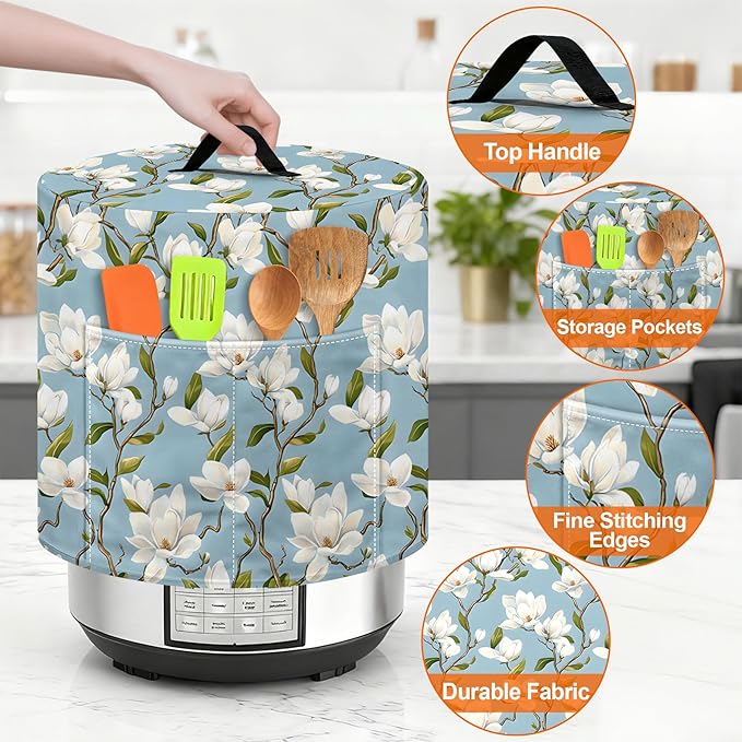 Kitchen Appliance Accessories Dust Cover for 3-6-8 Quart Instant Pot, Pressure Cooker, Air Fryer & Crock Pot,Decorative Appliance Cloth Cover with Top Handle & Storage Pockets (Light blue, 6 Quart)