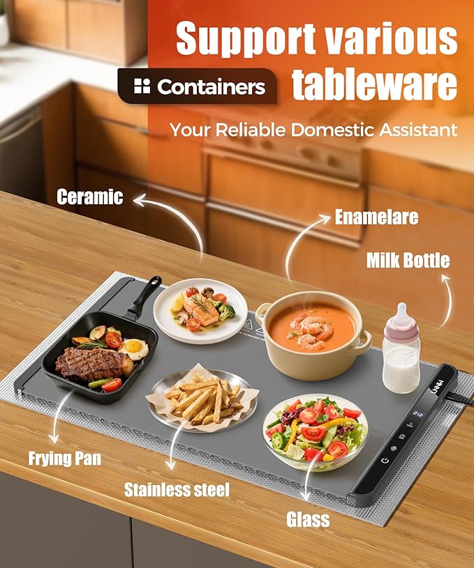 Food Warming Mat with Heat-Resistant Pad, 26X15 Inch, 6 Temperature & 6 Timer Settings, Child Lock Safety,Food Warmer Chafing Dishes for Buffet,Gatherings,Parties,Everyday Use