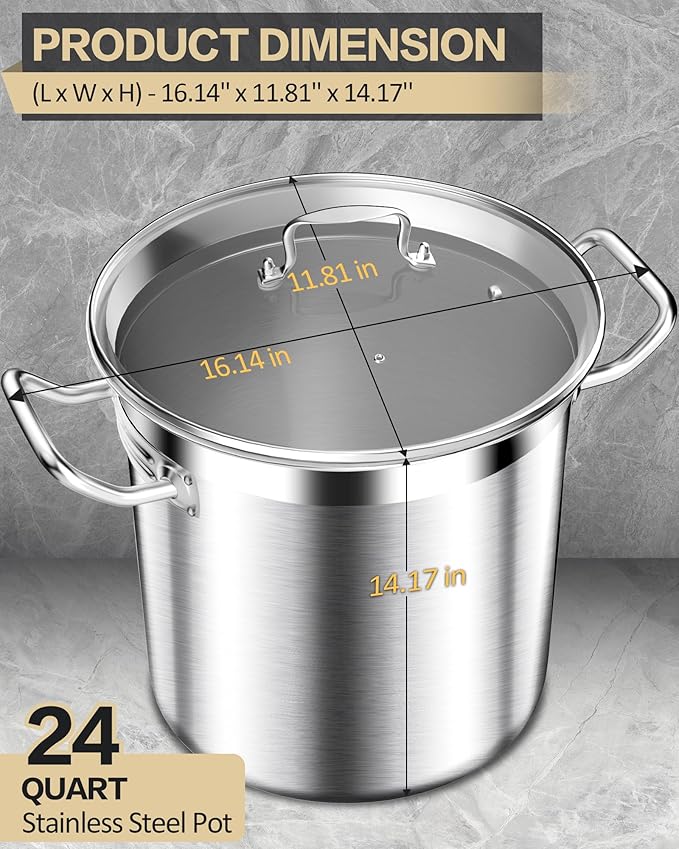 Stainless Steel Stock Pot with Lid – 24 Quart (6 Gallon) Heavy-Duty Cooking Pot for Soup, Stew, Pasta – Commercial & Home Use, Easy to Clean