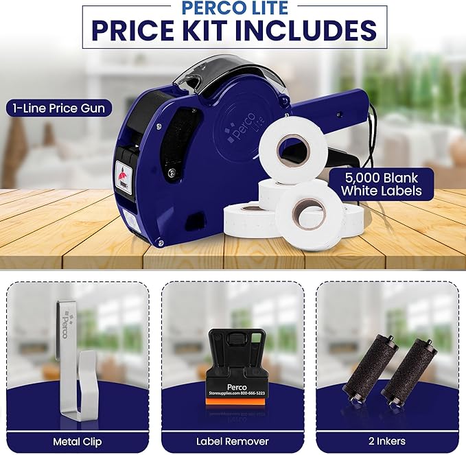 Perco Lite 1 Line Price Gun with Price-Marking Labels Kit — Includes 5,000 Blank White Labels, 1 Gun Clip, 2 Ink Rollers — 1 Ink Roll & Labels Preloaded — Ideal for Retail Pricing, Inventory, and More