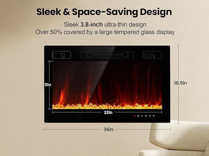 Electric Fireplace Insert 36" Realsmart 1500W Wall Mounted Fireplaces Recessed Heaters Remote Control Slim Black Fireplace Touch Screen Timer 12 Flame Colors LED Decor Low Noise