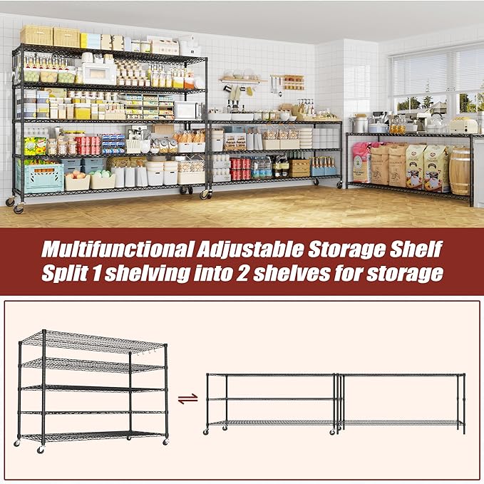 PrimeZone 5 Tier 80.7" Hx55.5 Wx24 D Wire Shelving with Wheels 3000lbs NSF Certified Storage Shelves Heavy Duty Metal Shelf Adjustable Rolling Rack Commercial Garage Restaurant Warehouse Kitchen 2Pcs