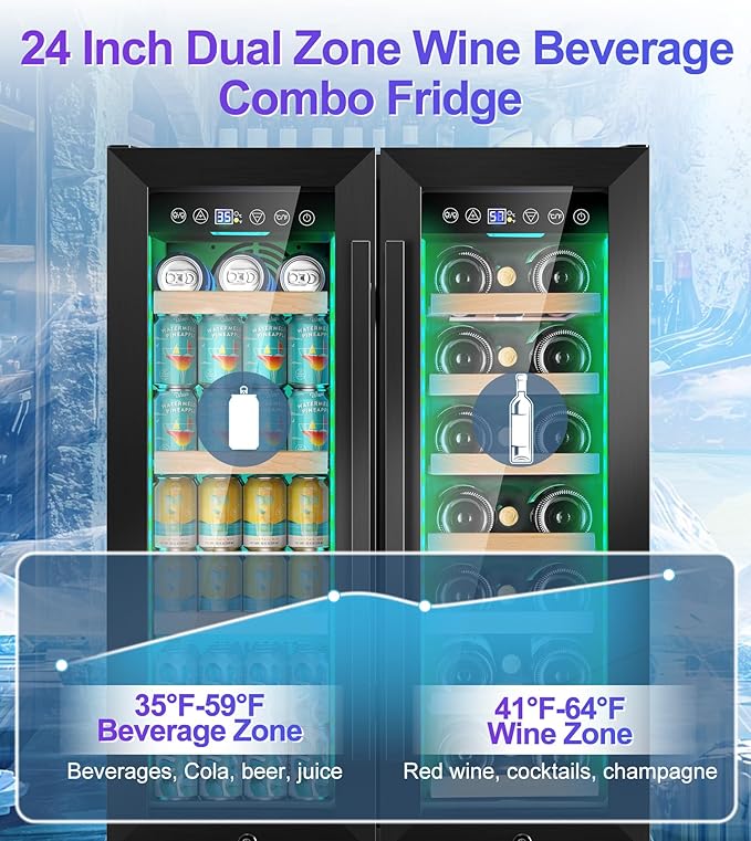 24'' Wine and Beverage Refrigerator, 4.5 Cu. Ft. Dual Zone Wine Fridge with RGB Lights French Door Intelligent Control Advanced Compressor Under Counter Cooler for Outdoor Kitchen Bar Gift Black
