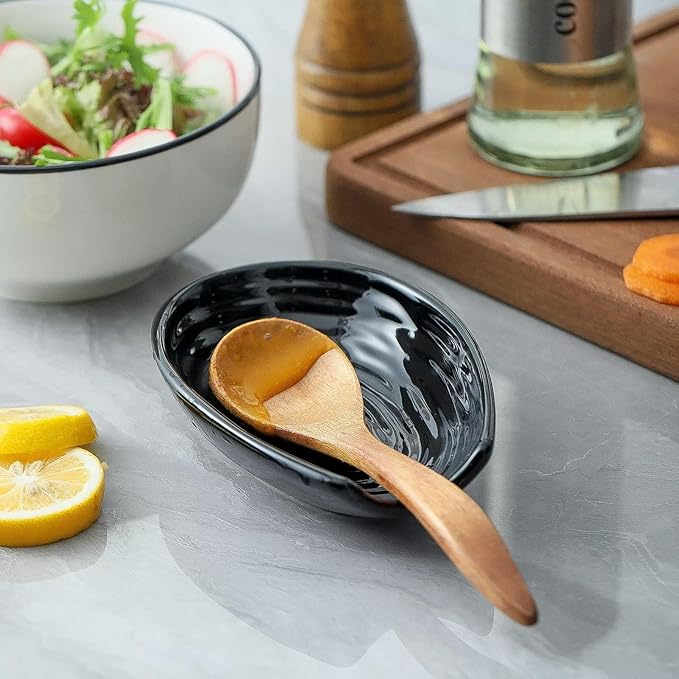 Hasense Spoon Rest for Stove Top, Spoon Holder for Kitchen Counter, Ceramic Cooking Spoon Holder for Ladle Spatula Tong and Spoon, Kitchen Utensil Rest for Home Coffee Bar Farmhouse Decor, Black