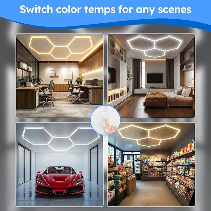 Hexagon Garage Lights - Upgraded 3-Stage Color Temperature, Dimmable Hexagon Lights with Switch, 3000K 4500K 6500K,High Brightness 3 Grids Hex Lighting for Gym, Barber Shop, Car Detailing