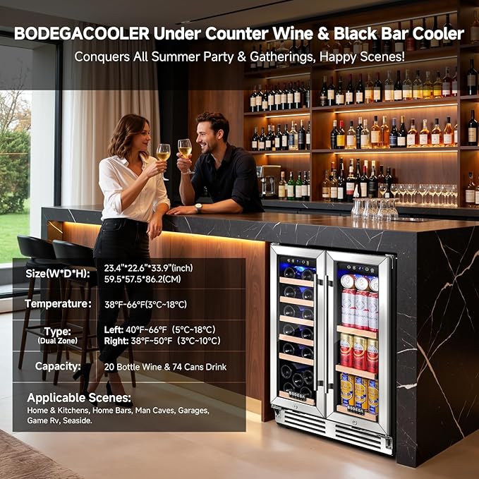 BODEGA 24 Inch Beverage and Wine Refrigerator, Dual Zone Wine Cooler Under Counter, with Independent Temperature Control and Upgraded Compressor, Holds 57 Cans and 19 Bottles