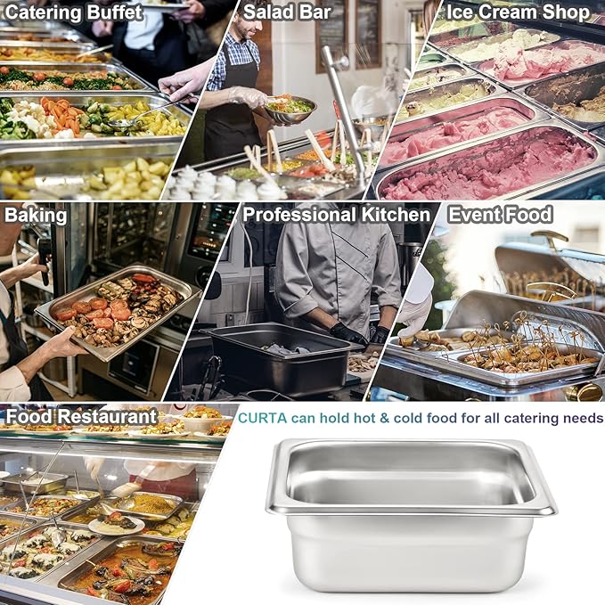 CURTA 6 Pack Anti-Jam Hotel Pans, 1/6 Size 2 1/2 Inch Deep, NSF Commercial 18/8 Stainless Steel Chafing Steam Table Pan, Catering Storage Metal Food Pan