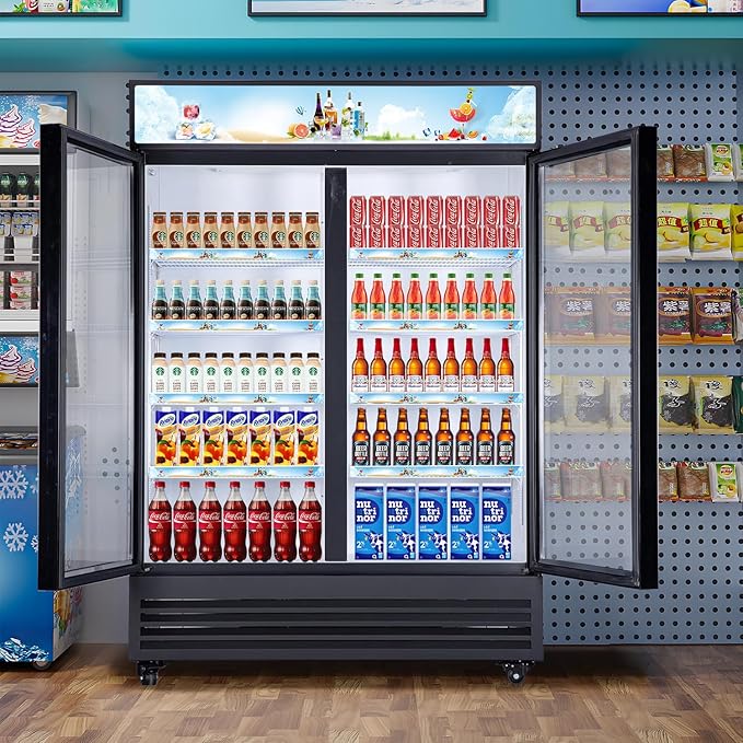 Commercial Beverage Refrigerator Display Fridge,Two Glass Door Upright Merchandiser Drink Cooler with LED Light Adjustable Shelves,46 Cu Ft,ETL Sanitation,(Wheels Included)