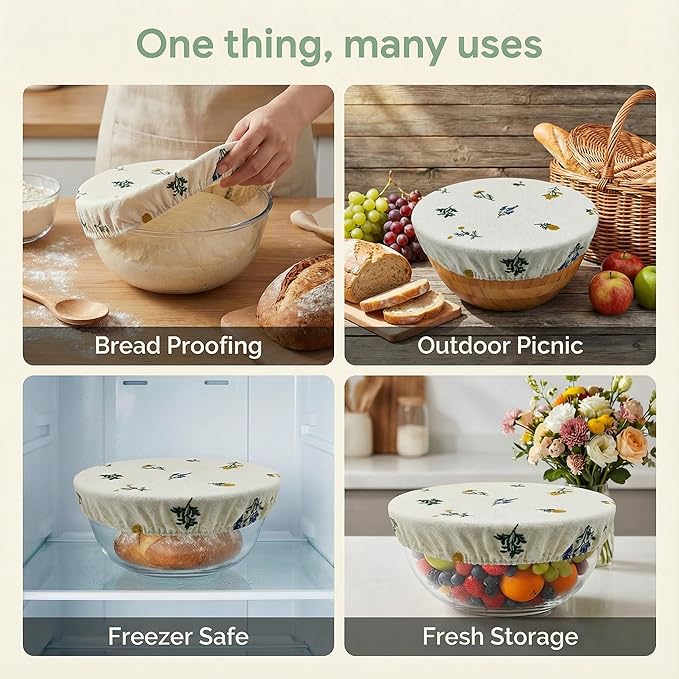Reusable Bowl Covers (Set of 4) - Breathable Cotton Linen Sourdough Accessories - Elastic Durable Fabric Food Lids for Proofing Baskets & Bread Baking Supplies (Natural Beige)