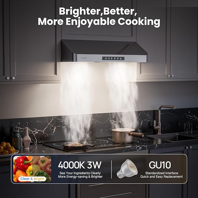 Range Hood 30 Inch Under Cabinet, Kitchen Hood with 980 CFM, 3-Speed Gesture Sensing & Touch Control Panel, Stainless Steel Vent 2 Pcs Baffle Filters with Handlebar