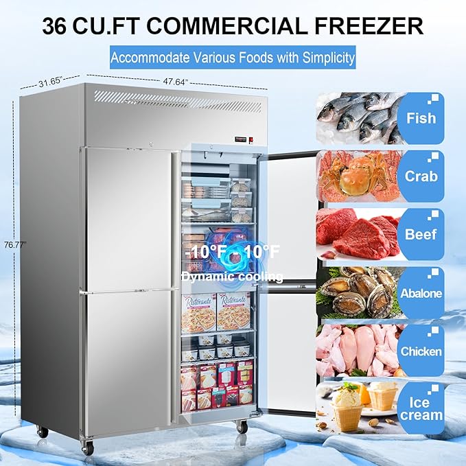 48"W 4 Door Commercial Freezer Stainless Steel 36 Cu.ft Freezer for Restaurant, Bar, Shop etc