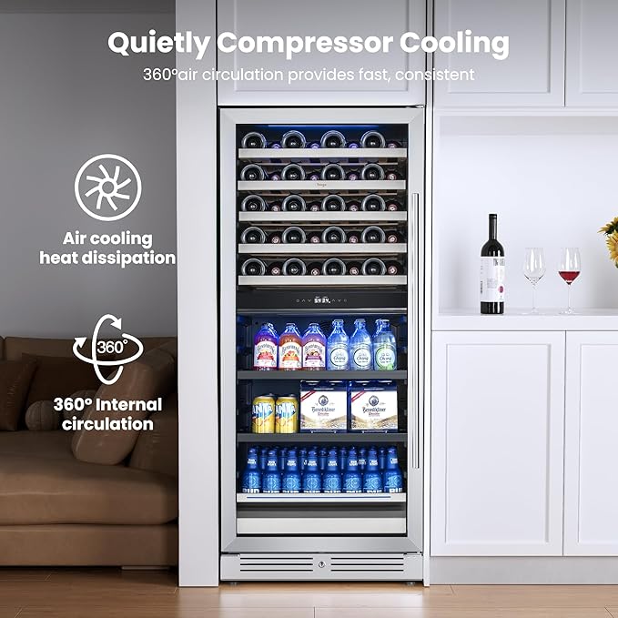 Yeego 24 Inch Wine Fridge - 40 Bottles and 112 Cans Dual Zone Wine Cooler with Glass Door, 34-65℉ Built-In or Freestanding Refrigerator with Lock and 2 Color LED for Kitchen Bar Office (Left-Hinged)