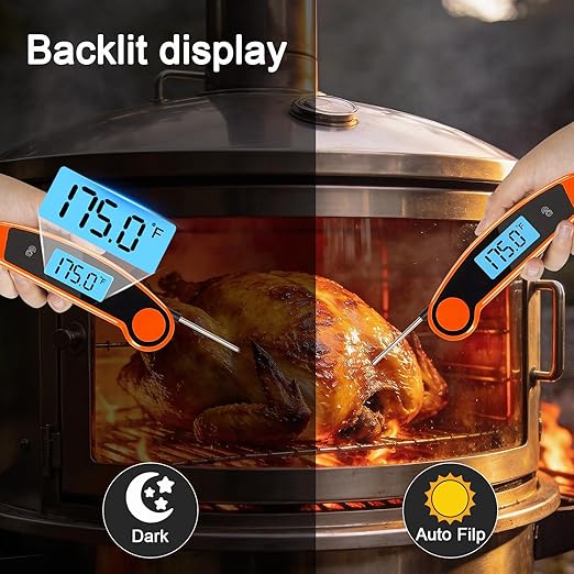 Meat Thermometer Digital Waterproof Instant Read Thermometer for Cooking Food Thermometer with Backlight & ±0.5℃ Precision Cooking Thermometer for Kitchen ℃/℉ Convertible Orange