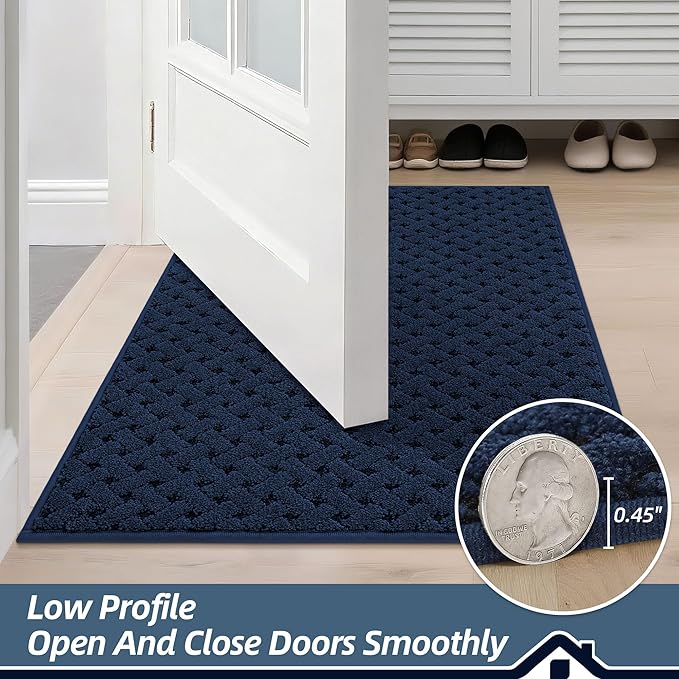 BEQHAUSE Dirt Trapper Door Mat Non-Slip Entryway Rugs Stain Resistant Absorbent Dog Doormats Woven-Look Washable Welcome Floor Doormat for Front Back Door, Muddy Wet Shoes & Paws, 36" x 60", Blue