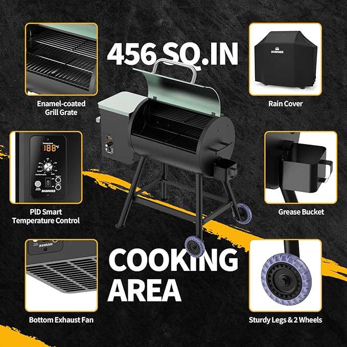 Pellet Grill Smoker Electric Pellet Smoker 8 In 1 Outdoor Grill Smoker PID Controller 500°F 450 Sq.In Cooking Area with Cover