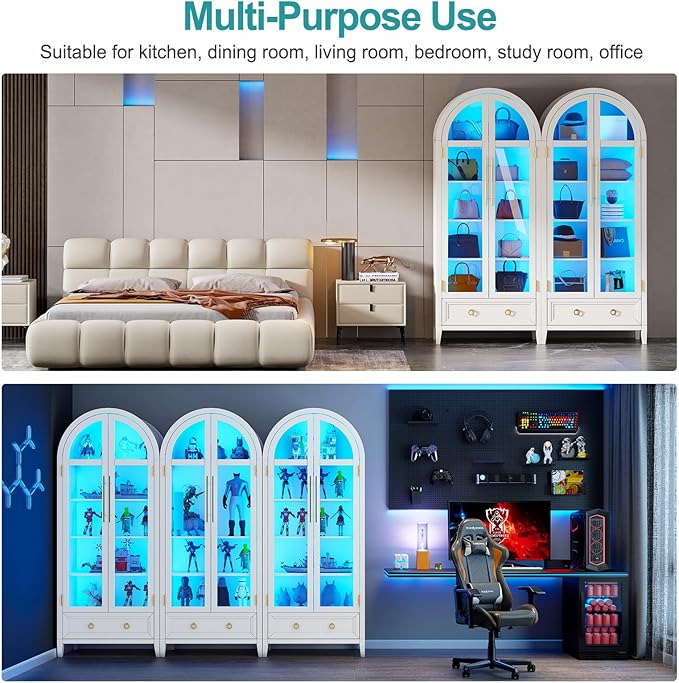 Lvifur 73" Tall Arched Display Cabinet with Glass Doors,4-Tier Curio Cabinets with 3 Color Lights for Collectibles,LED Storage Cabinet with Human Body Sensor,Ajustable Shelf for Toys, Books,White