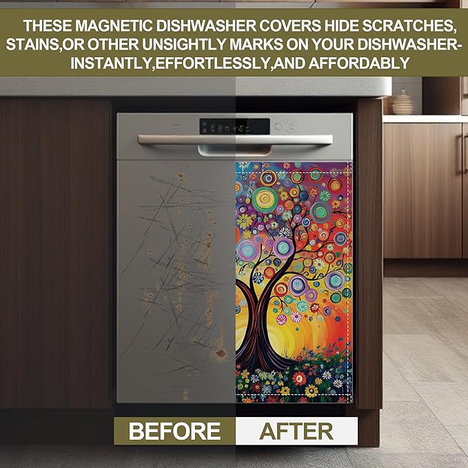 Magnetic Dishwasher Cover,Tree of Life Reusable Dishwasher Magnetic Cover Flowers Decorative Door Covers Panel for Home Kitcen 23" x 26"