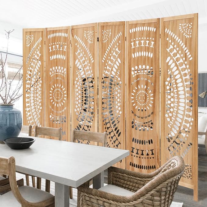6 Panel Room Divider, 5.6 Ft Foldable Wood Room Divider Screen, Hand-Woven Folding Privacy Screens with Double Hinges, Wall Divider for Room Separation Bedroom Home Office - Carved Natural